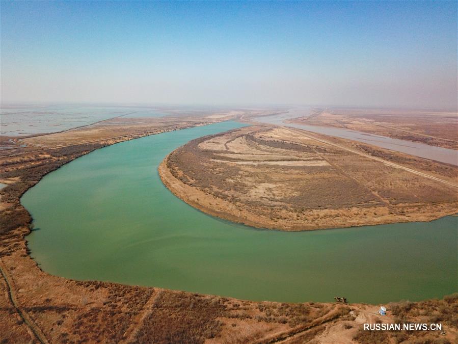 Вид с воздуха на водно-болотные угодья в устье реки Хуанхэ